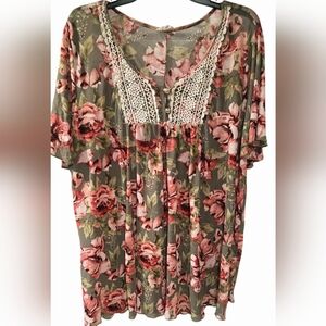 Siren Lily Femine Floral Green and Pink Boho Top. Womens 3X